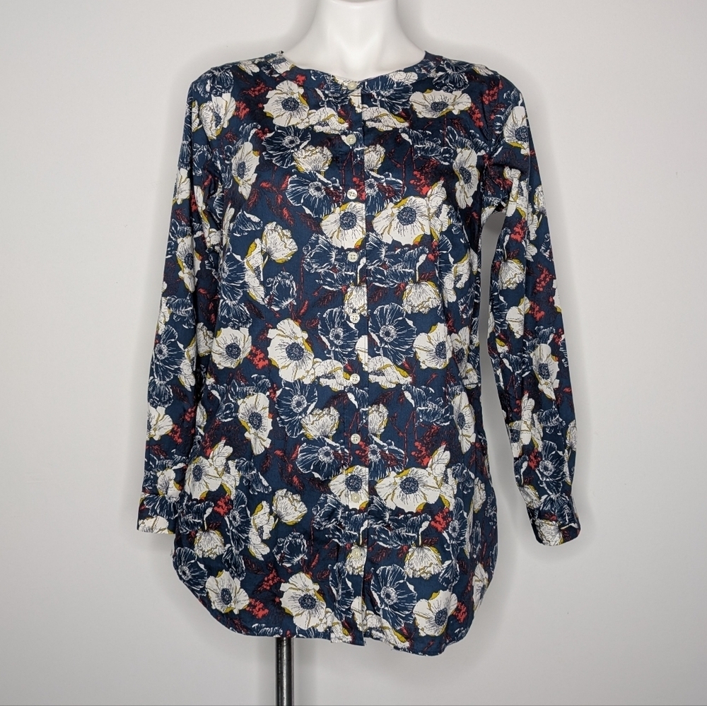 Duluth Trading Blue White Yellow Floral Long Sleeve Button Up Tunic Top S